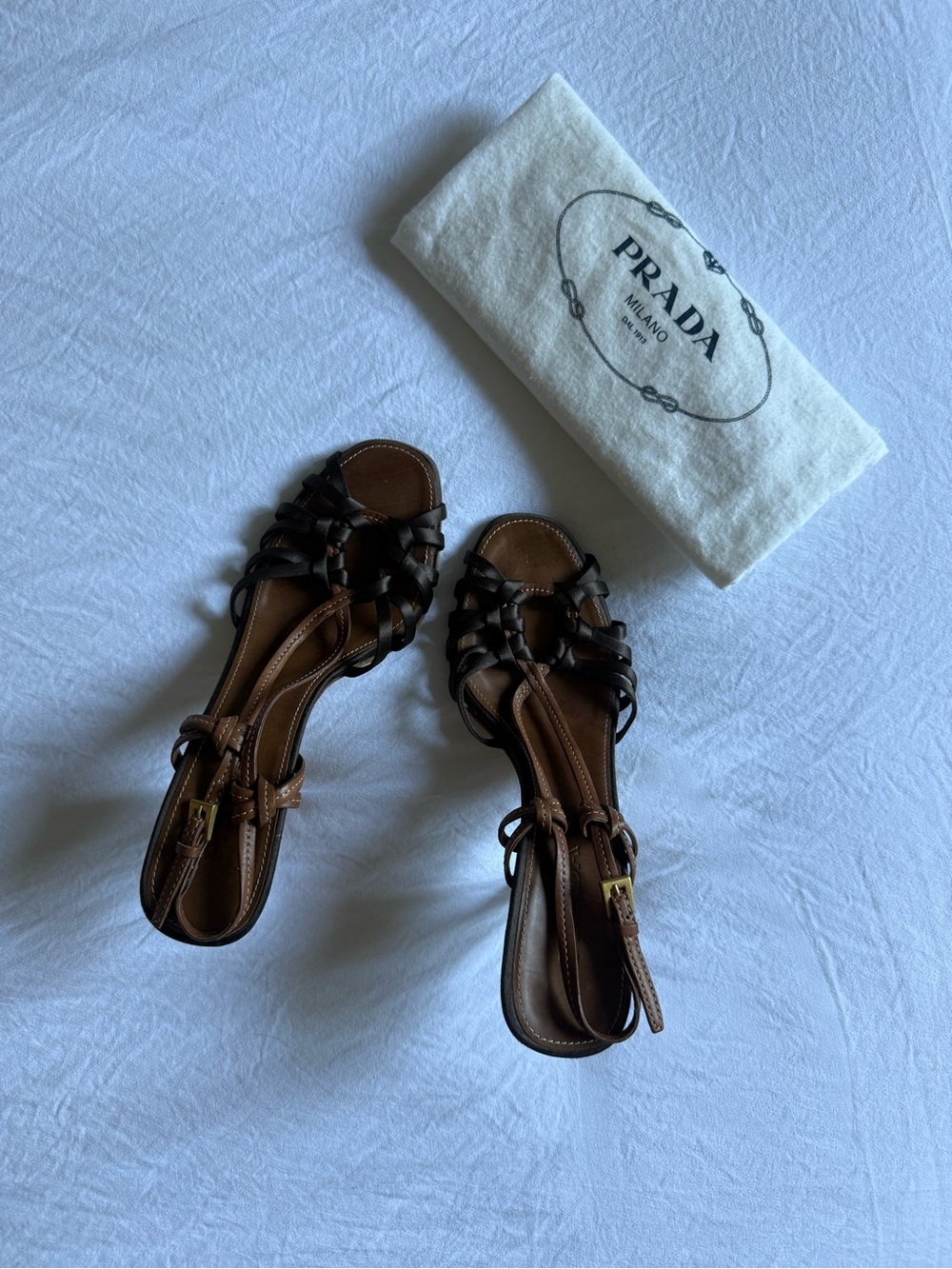 Vintage Prada Brown Braided Leather/Satin Heel Sandals